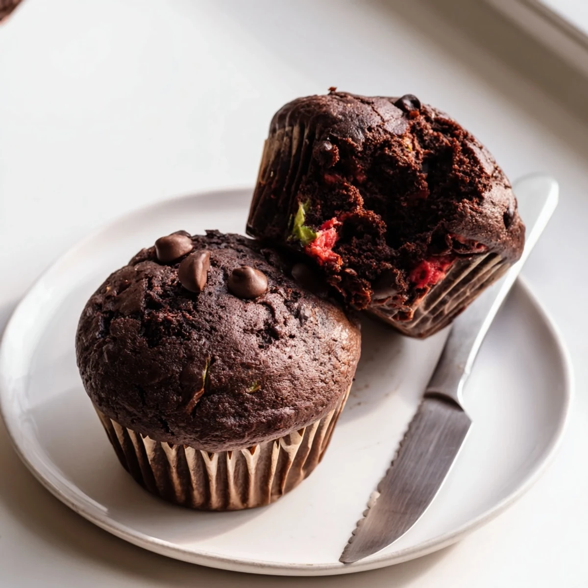 Dark chocolate zucchini strawberry muffins overflowing with juicy berry bits and cocoa batter