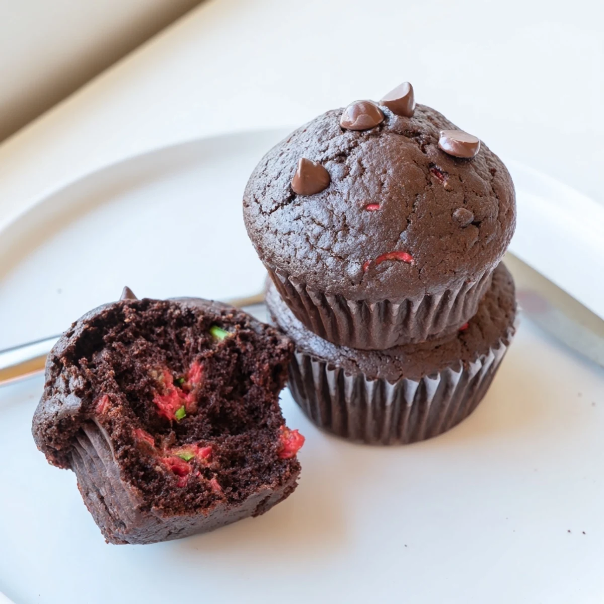 Moist chocolate zucchini strawberry muffins crowned with strawberry chunks served on a breakfast plate