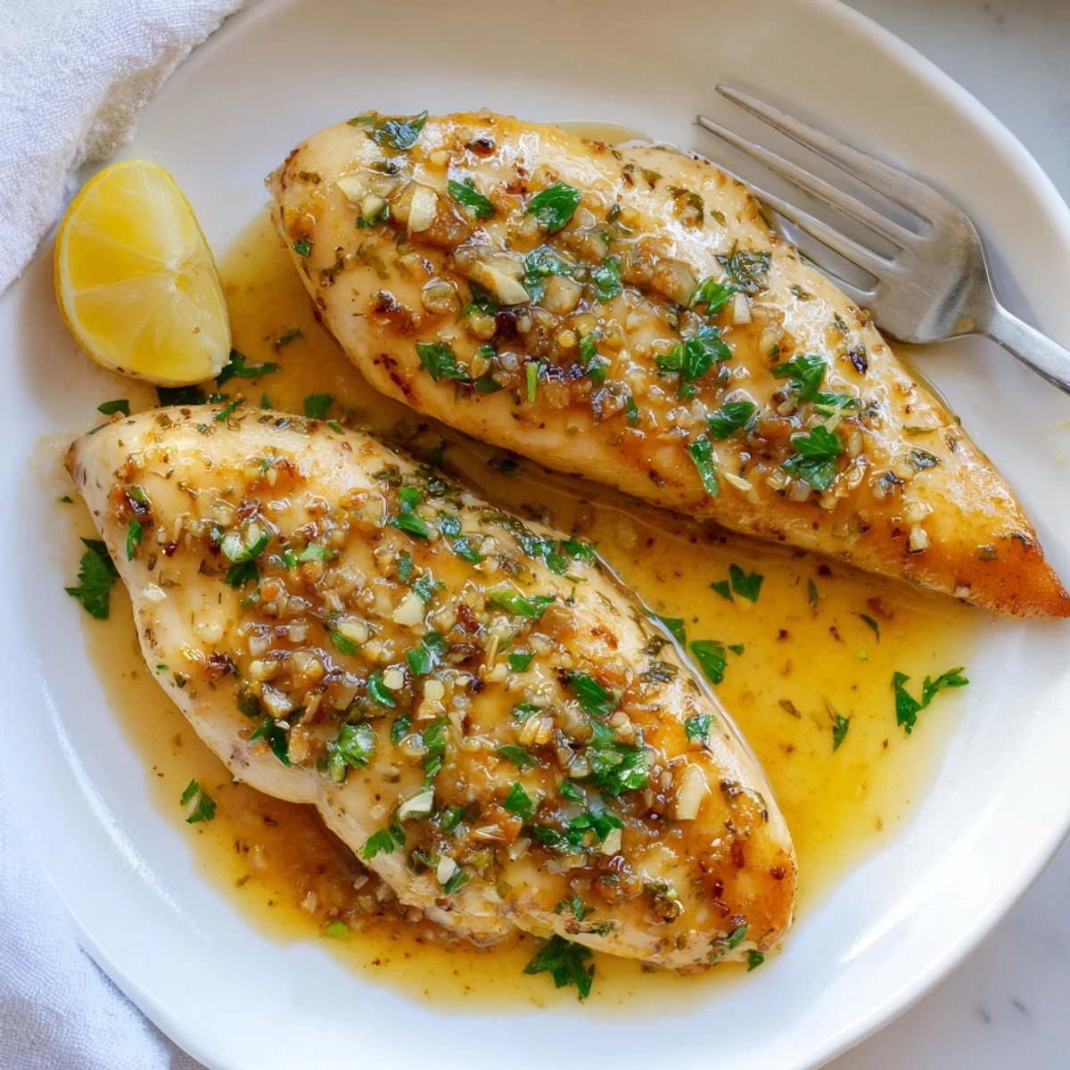 Golden garlic butter baked chicken breast drizzled with herby sauce and fresh parsley