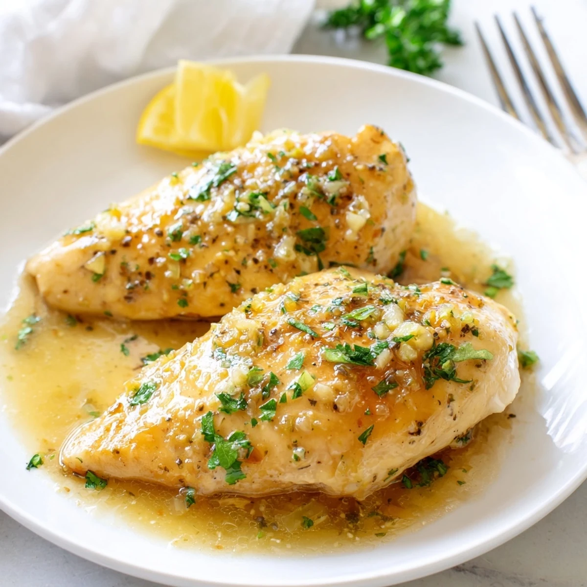 Juicy garlic butter baked chicken breast resting in a rich shimmering pan sauce