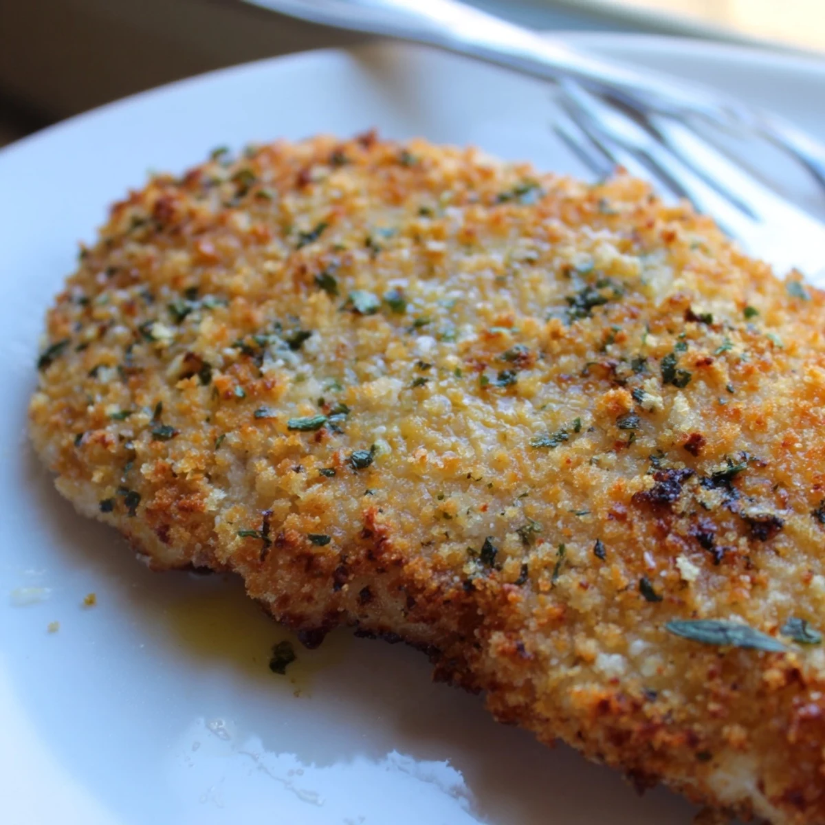Golden crispy savory herbed Parmesan chicken on a parchment-lined baking sheet fresh from the oven
