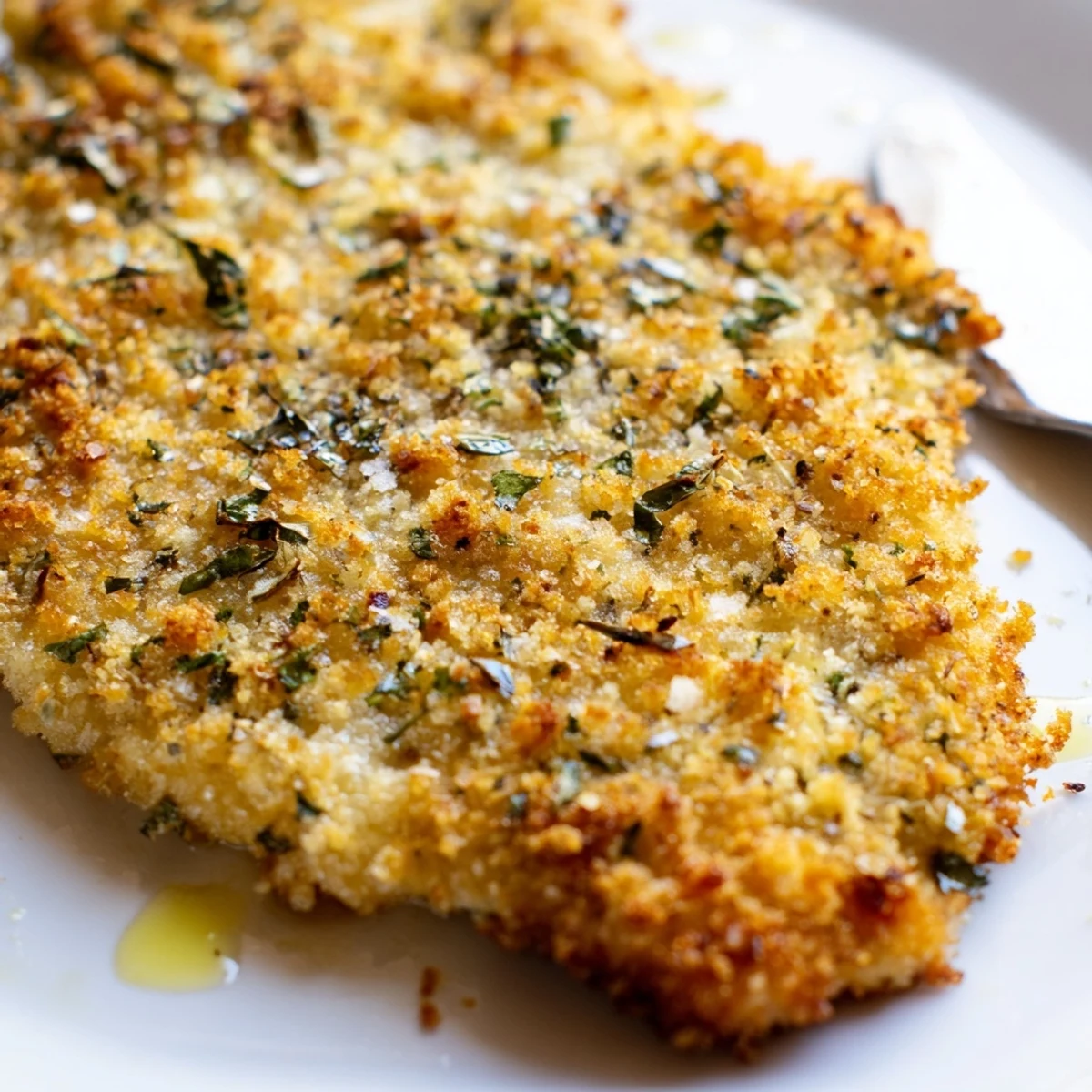 Savory herbed Parmesan chicken sliced open revealing juicy meat topped with fresh chopped parsley