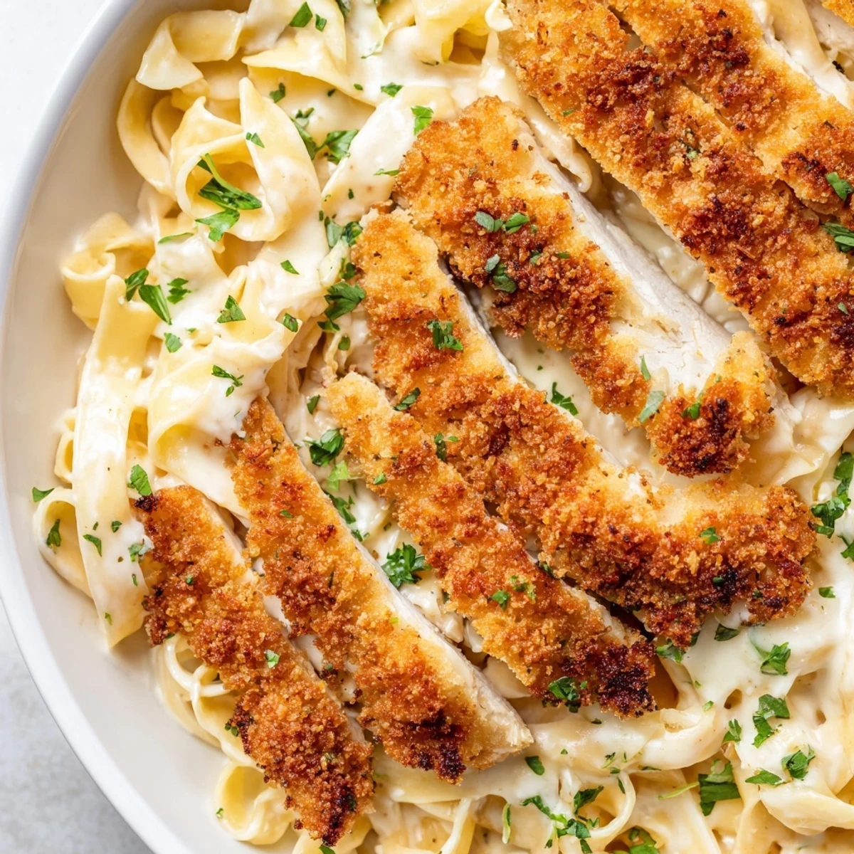 Golden breaded chicken strips resting on a bed of creamy Alfredo pasta