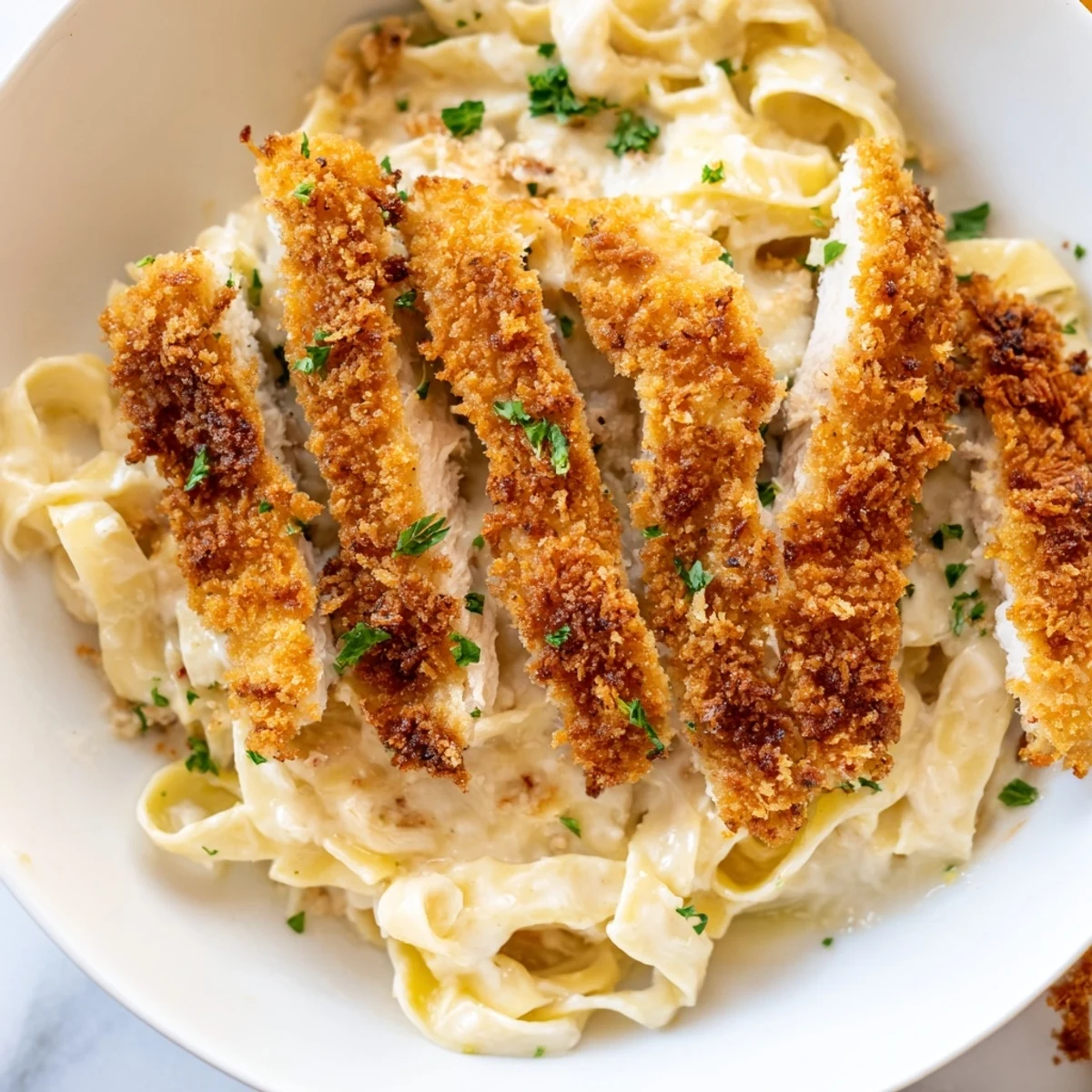 Creamy crispy chicken Alfredo served in a white bowl with fresh parsley garnish