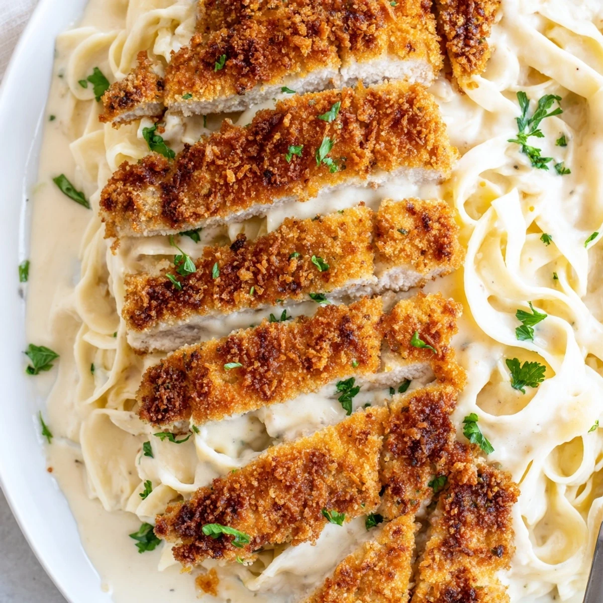 Crispy chicken Alfredo topped with grated Parmesan and chopped parsley on fettuccine