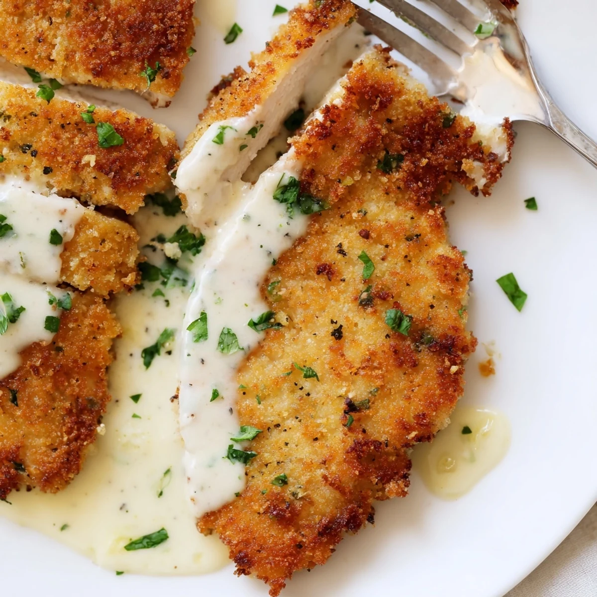 Golden crispy Parmesan chicken drizzled with rich creamy garlic sauce on a white plate