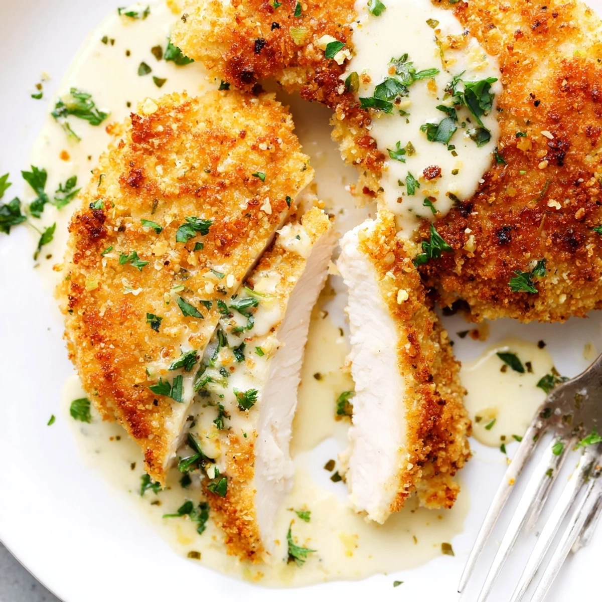 Crispy Parmesan chicken with creamy garlic sauce served alongside buttery mashed potatoes