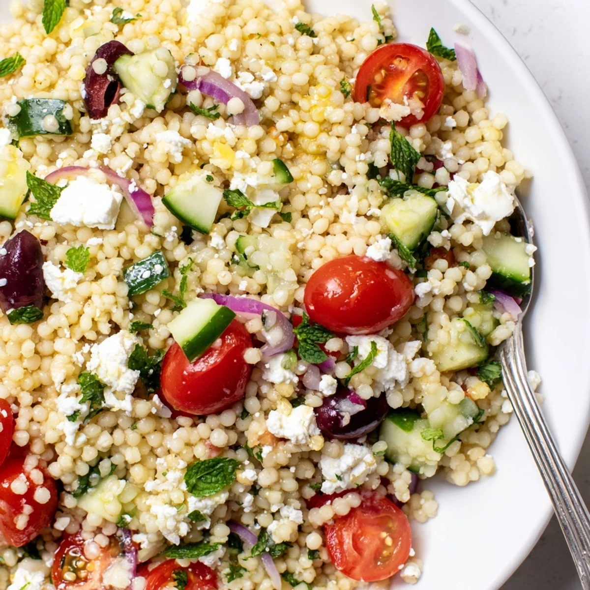 Bright Mediterranean couscous salad with juicy tomatoes, olives, and crumbled feta on a rustic plate