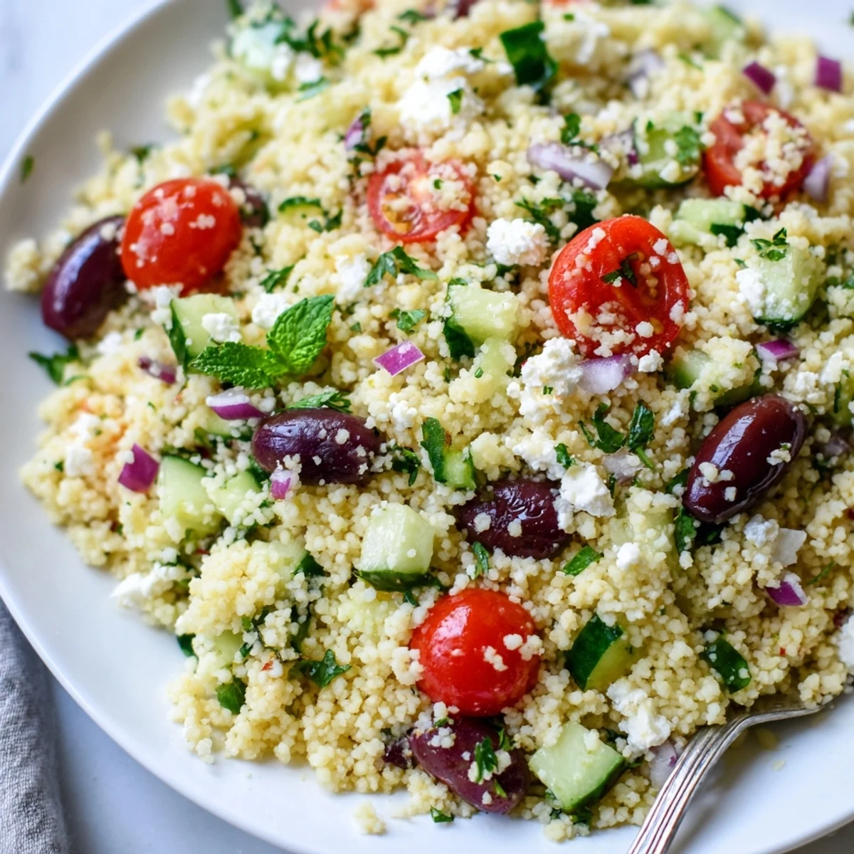 Fluffy couscous tossed with crisp cucumbers, herbs, and glossy hot honey lemon vinaigrette