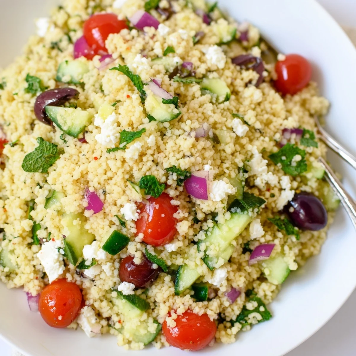 Colorful Mediterranean couscous salad drizzled with spicy-sweet vinaigrette and served in a white bowl