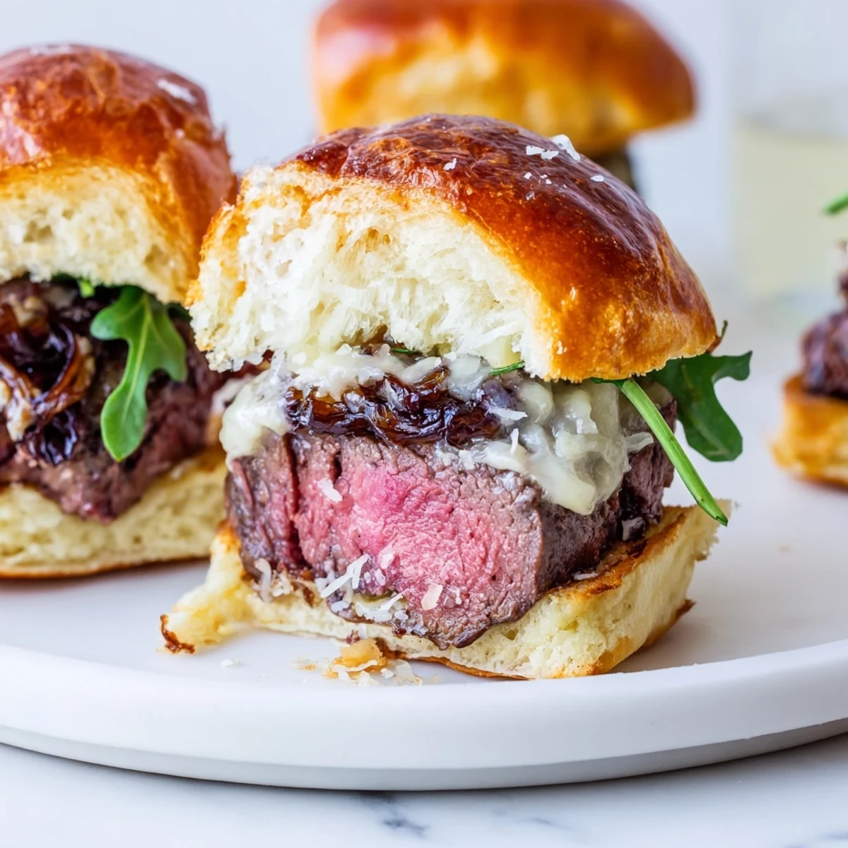Juicy filet mignon sliders on golden garlic parmesan rolls topped with melted cheese and arugula