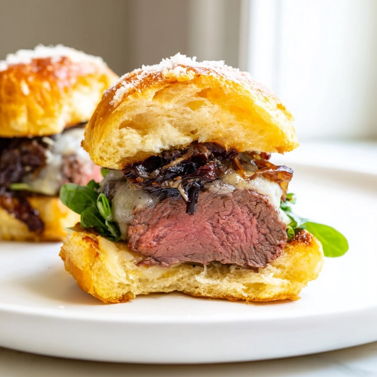 Tender seared filet mignon sliders nestled in warm garlic parmesan rolls with caramelized onions