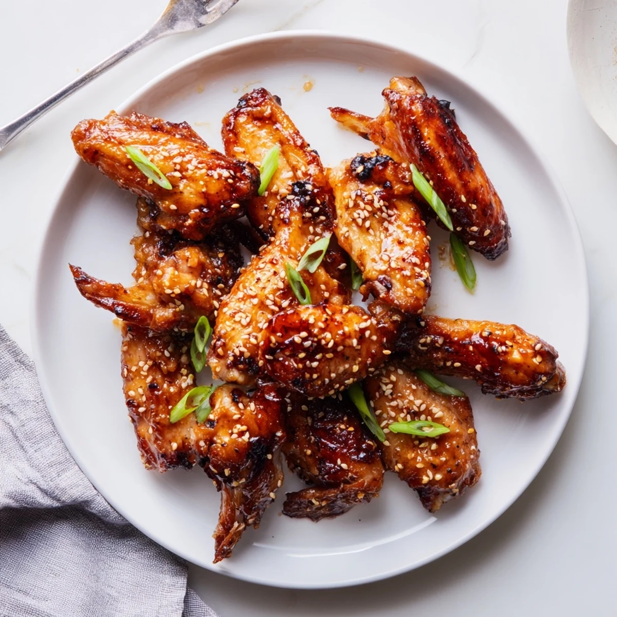 Glistening miso honey marinated chicken wings topped with sesame seeds and scallions on a rustic platter