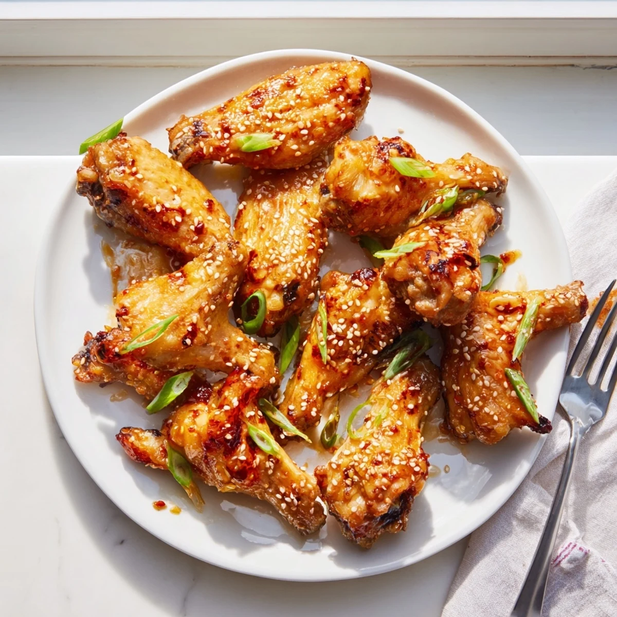 Crispy golden miso honey marinated chicken wings fresh from the oven dripping with sticky caramelized glaze
