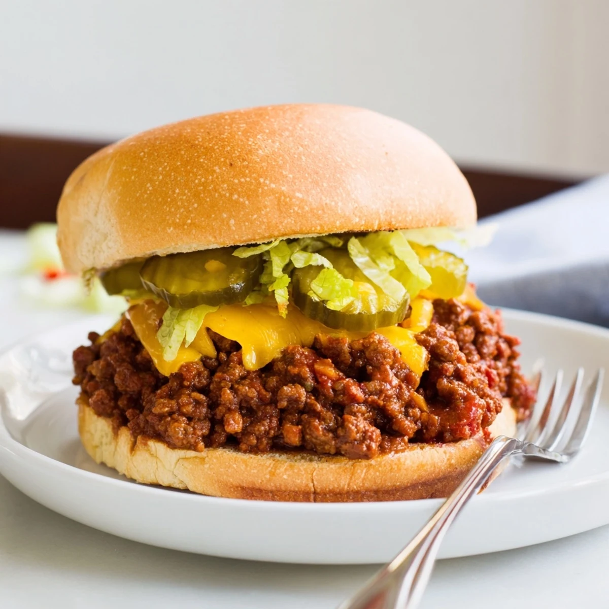 Smash Burger Sloppy Joes loaded with pickles lettuce and gooey cheese