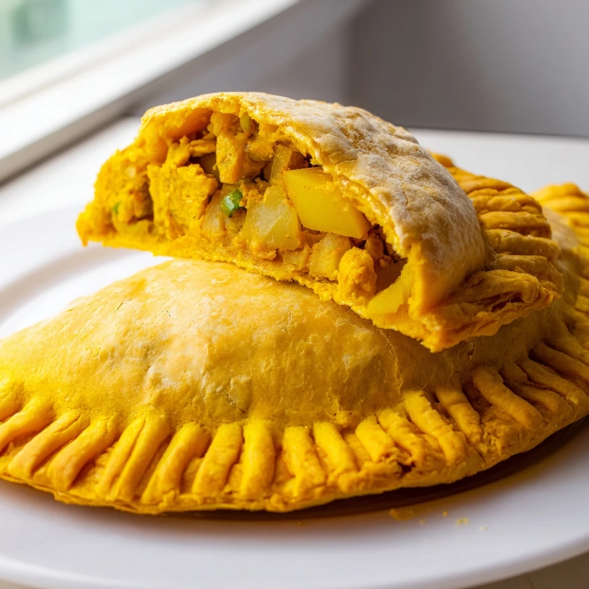 Steaming Jamaican Curry Chicken Patties arranged on parchment with golden egg-washed pastry