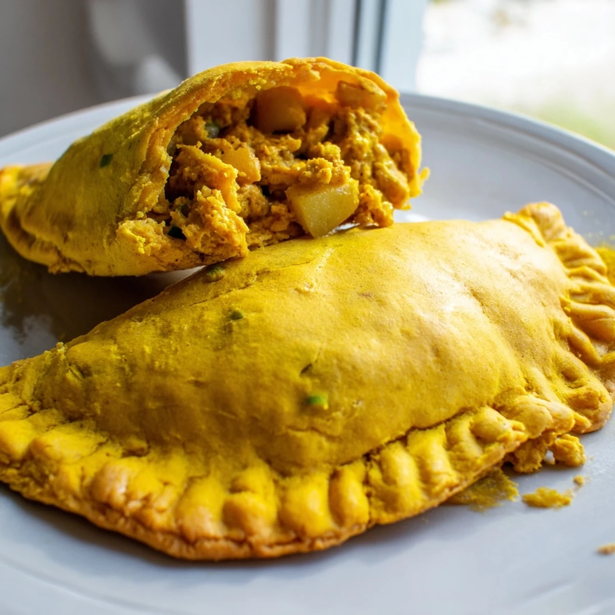Crispy half-moon Jamaican Curry Chicken Patties oozing savory spiced filling onto plate