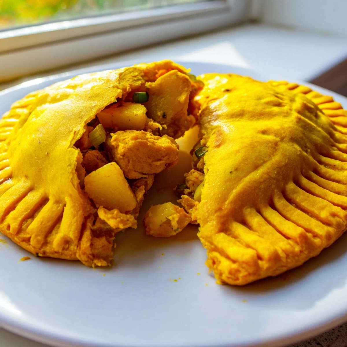 Golden Jamaican Curry Chicken Patties with flaky turmeric crust fresh from oven