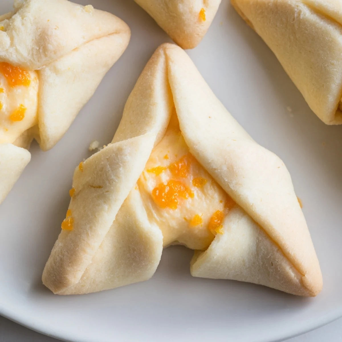 Golden creamsicle hamentaschen with creamy orange filling on a rustic baking sheet