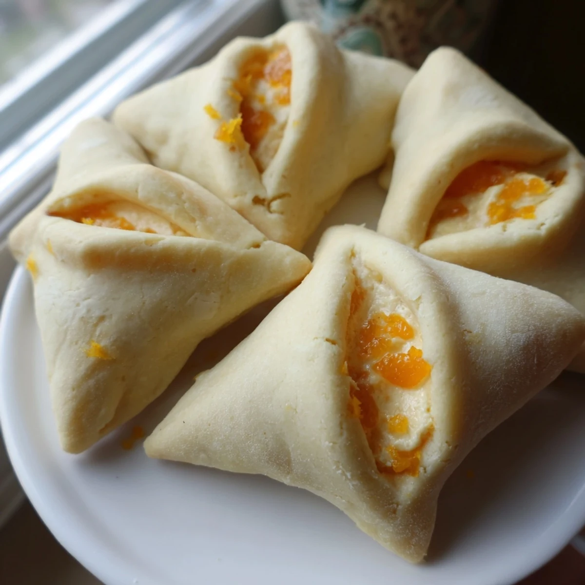 Trio of creamsicle hamentaschen with bright citrus filling arranged on a white platter