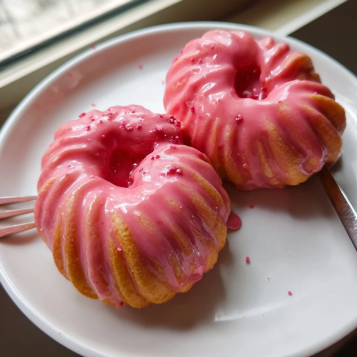 Golden Strawberry Glazed French Crullers drizzled with pink icing on a wire rack
