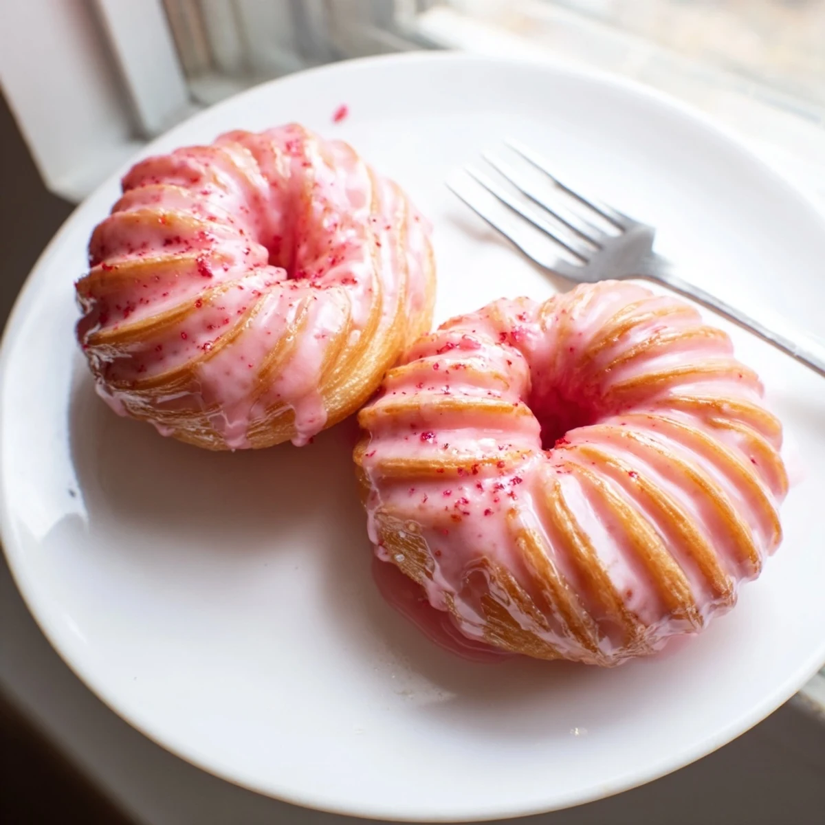 Crispy fried Strawberry Glazed French Crullers topped with glossy berry glaze close-up