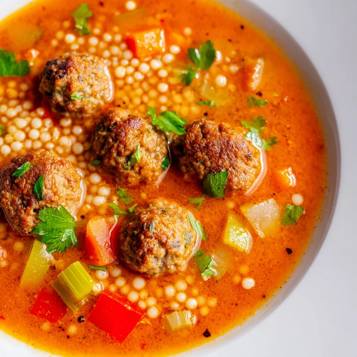 Golden spiced mini meatballs floating in Mini Moroccan Meatball Couscous Soup with tender vegetables