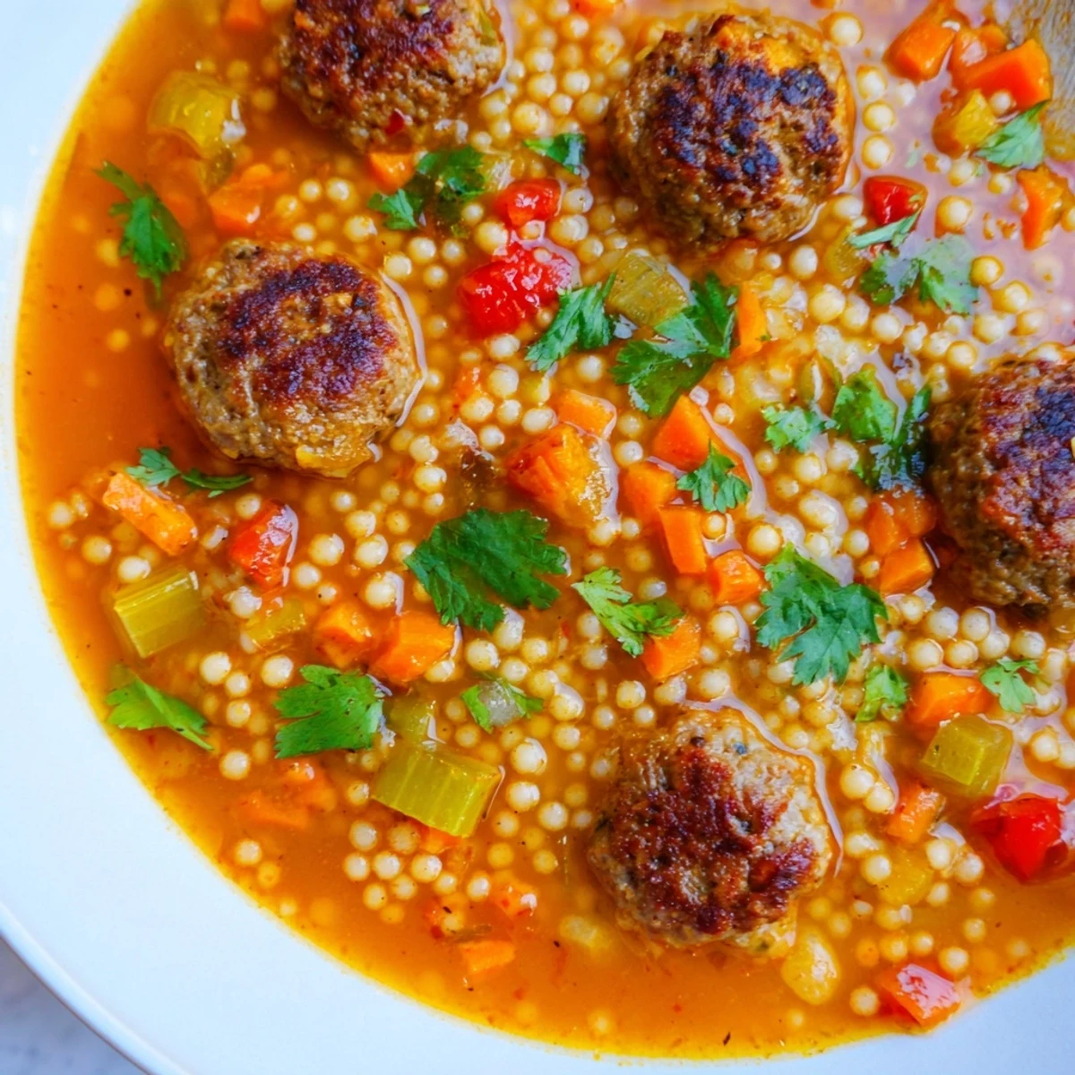Steaming bowl of Mini Moroccan Meatball Couscous Soup topped with fresh cilantro
