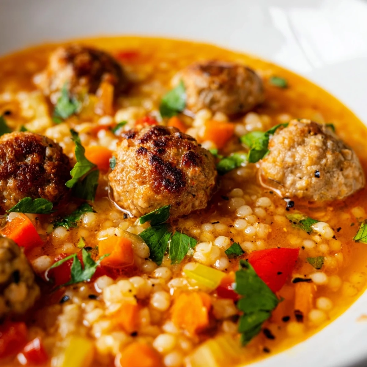 Close-up of Mini Moroccan Meatball Couscous Soup in a rustic mug with lemon wedges