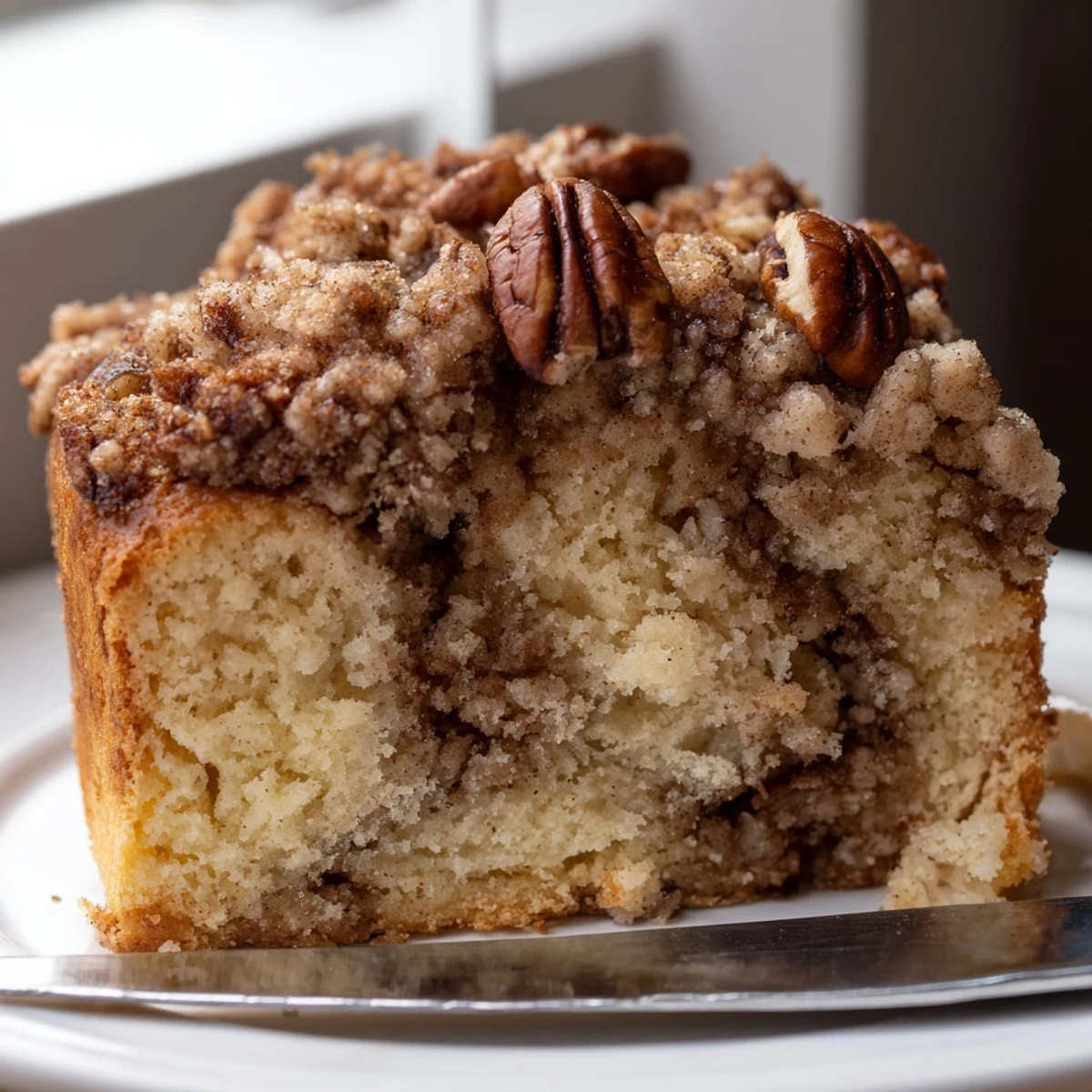 Warm cinnamon pecan crunch coffee cake with a golden crumb topping on a rustic plate