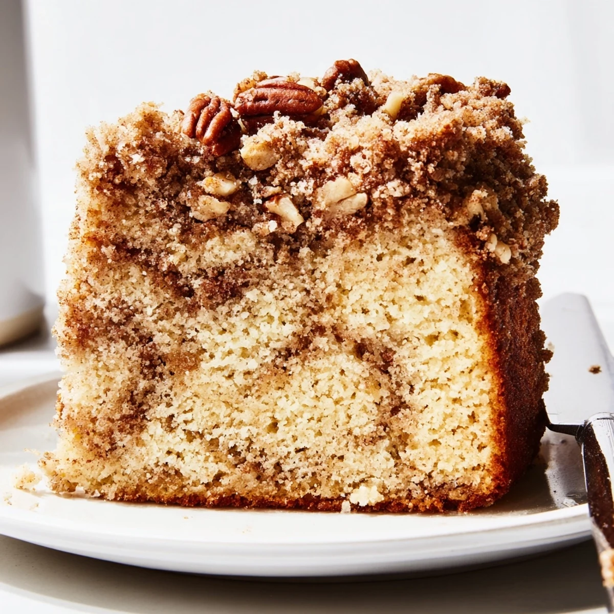 Moist cinnamon pecan crunch coffee cake sliced to reveal tender swirls of spiced batter