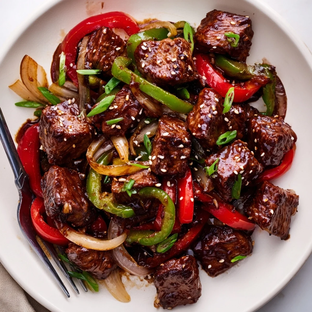 Tender Asian inspired cube steak glazed in rich soy sauce with colorful stir-fried vegetables