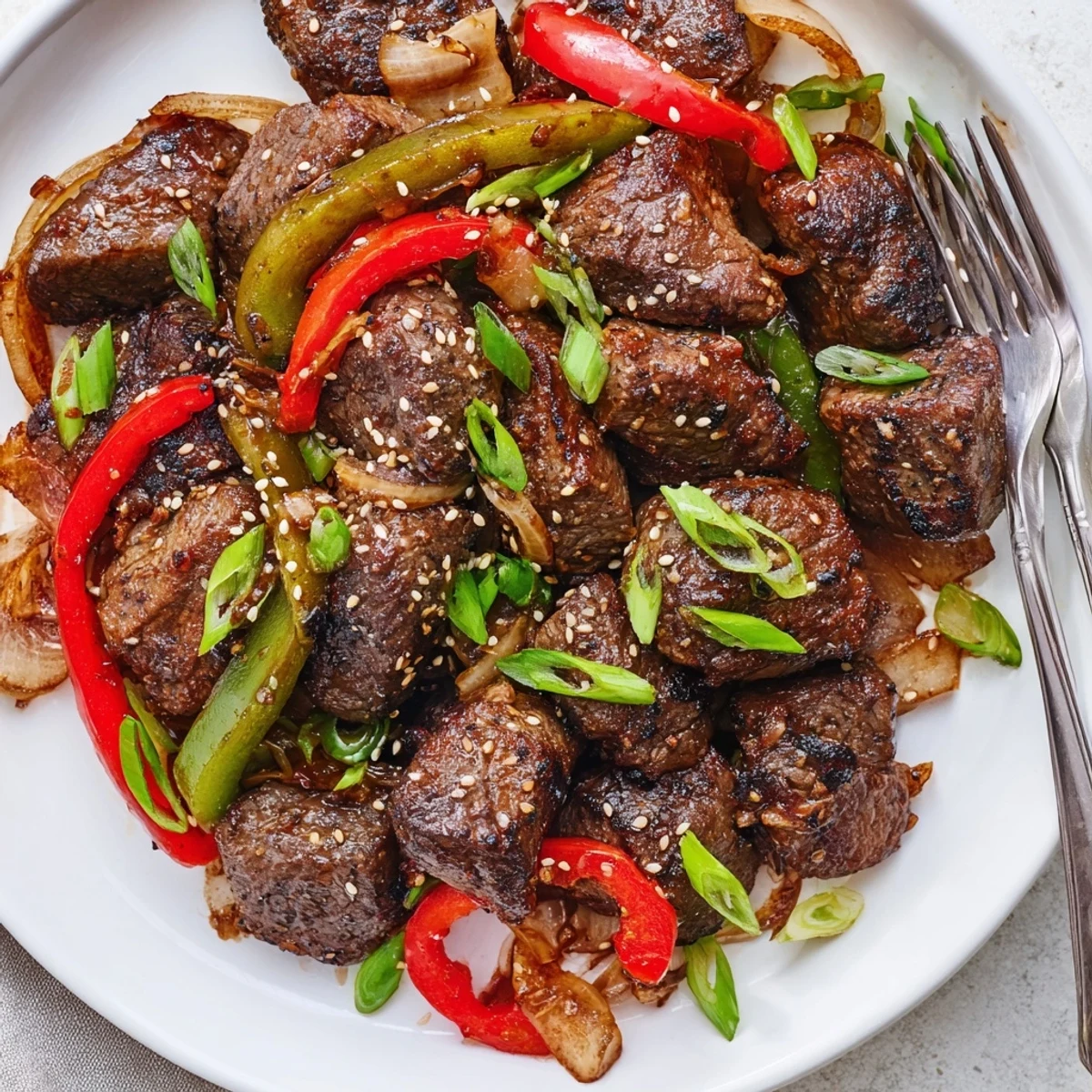 Golden seared Asian inspired cube steak served over fluffy jasmine rice with green onion garnish