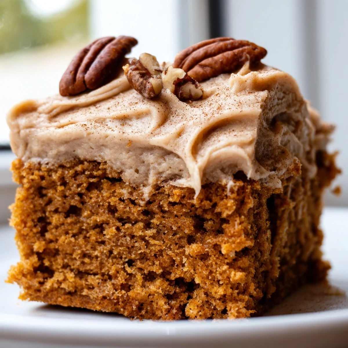 Warm sliced pumpkin pecan cake topped with swirls of cinnamon cream cheese icing on a rustic plate