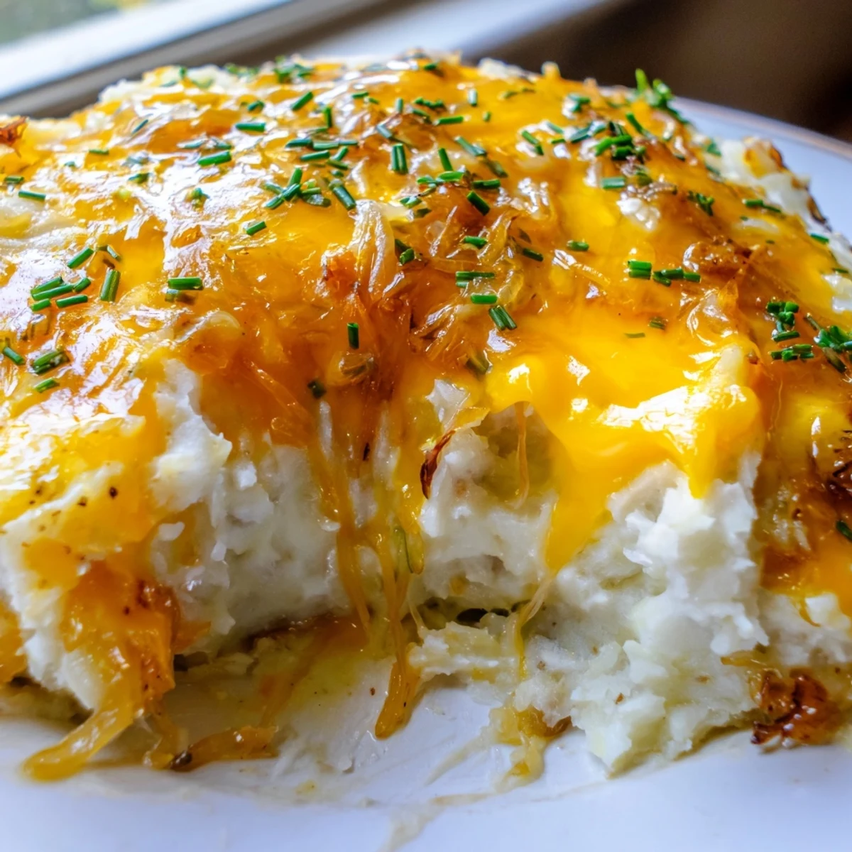 Golden baked Cheesy Onion Mashed Potato Casserole with bubbling melted cheddar on top