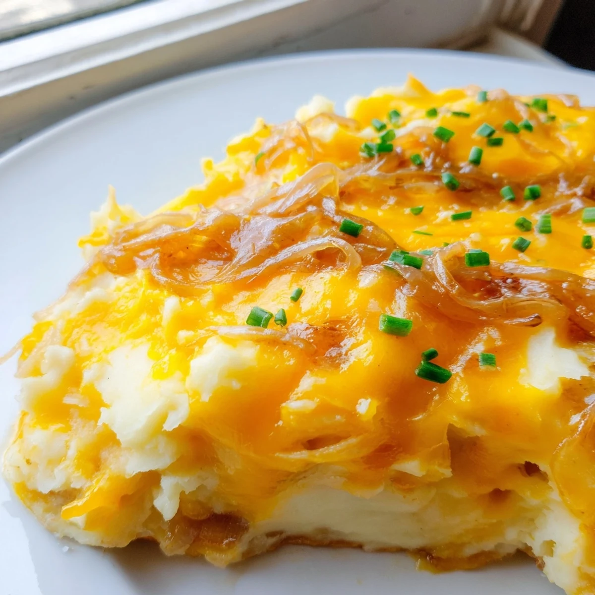 Creamy Cheesy Onion Mashed Potato Casserole served in a rustic baking dish with caramelized onions