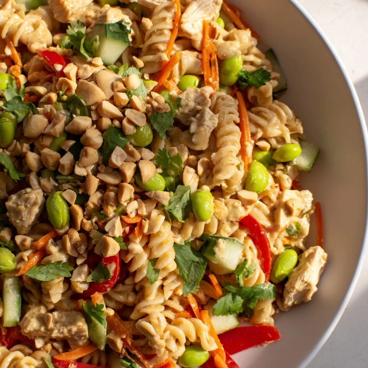 Colorful Protein Packed Thai Pasta Salad tossed in creamy peanut dressing with fresh vegetables