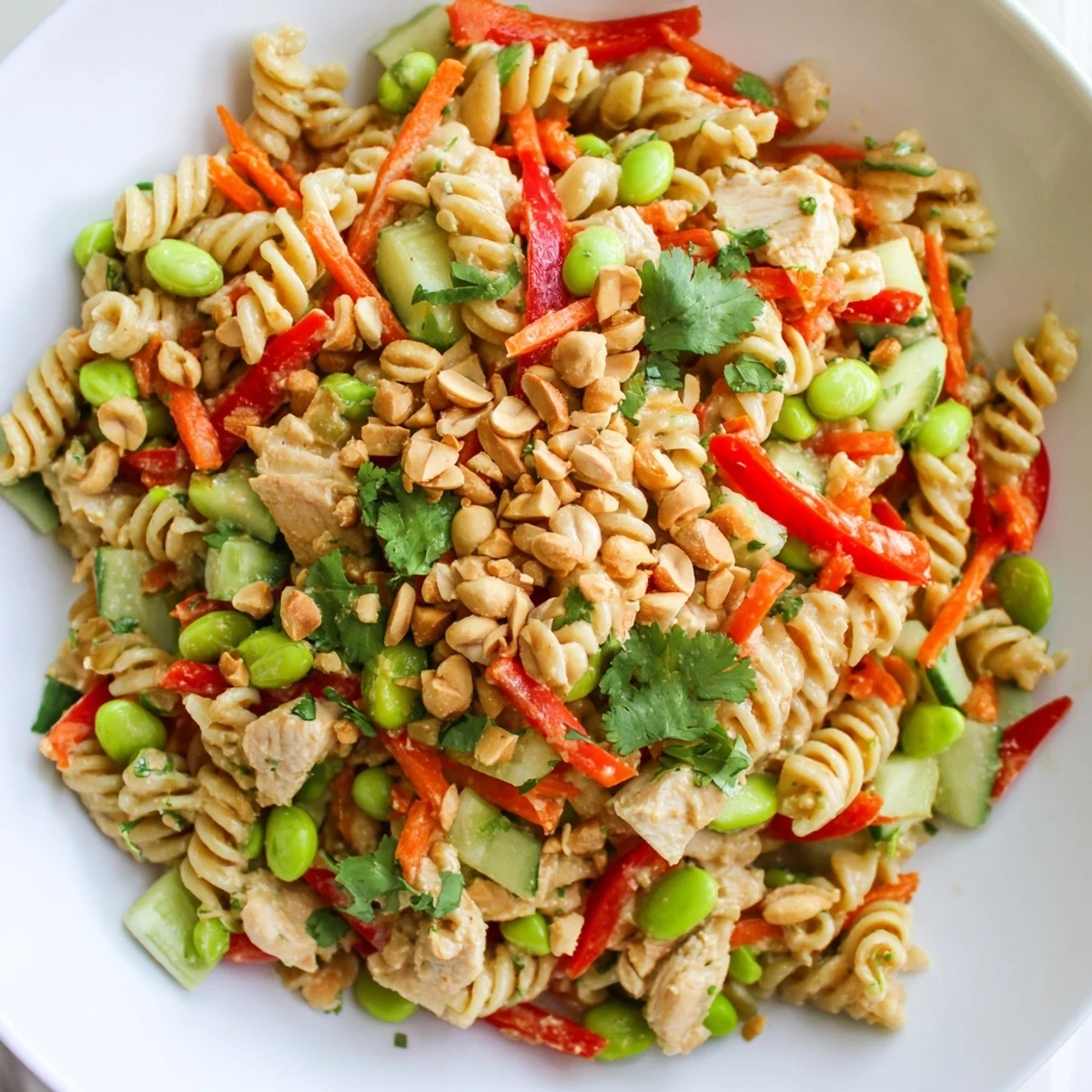 A close-up of Protein Packed Thai Pasta Salad featuring tender chicken edamame and crisp peppers