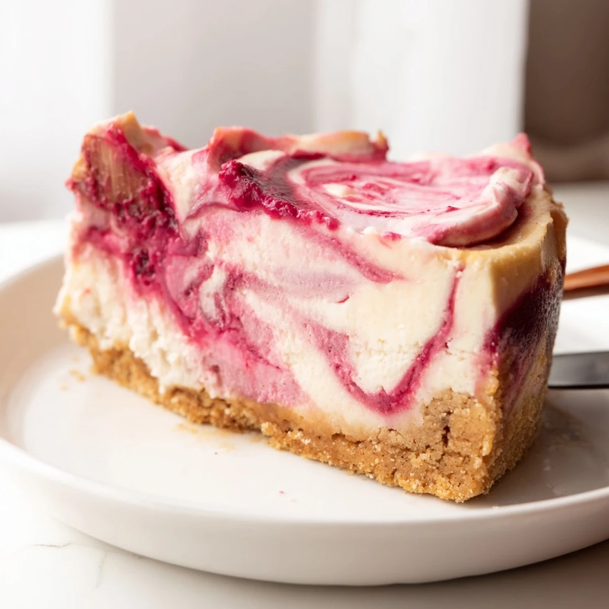 Creamy keto rhubarb cheesecake with a golden almond flour crust, sliced and ready to serve