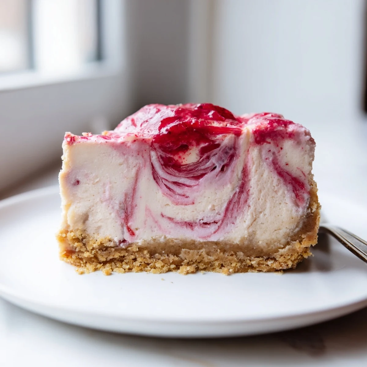 Smooth keto rhubarb cheesecake topped with vibrant pink swirled fruit compote on a white plate