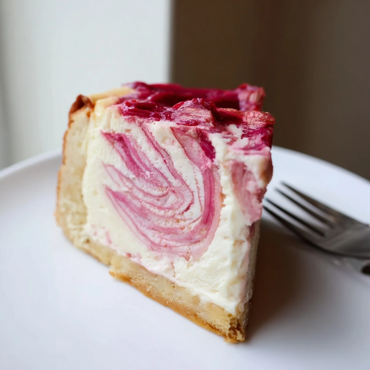 A thick slice of keto rhubarb cheesecake showing layers of tangy fruit ribbon and creamy filling