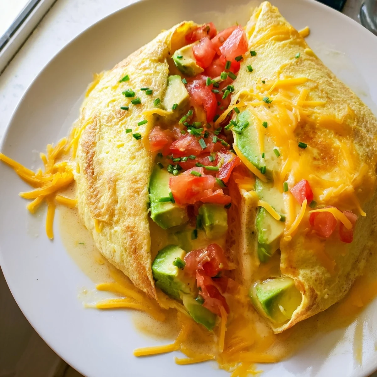Golden creamy avocado cheesy tomato omelette folded over melted cheddar and ripe avocado chunks on a white plate