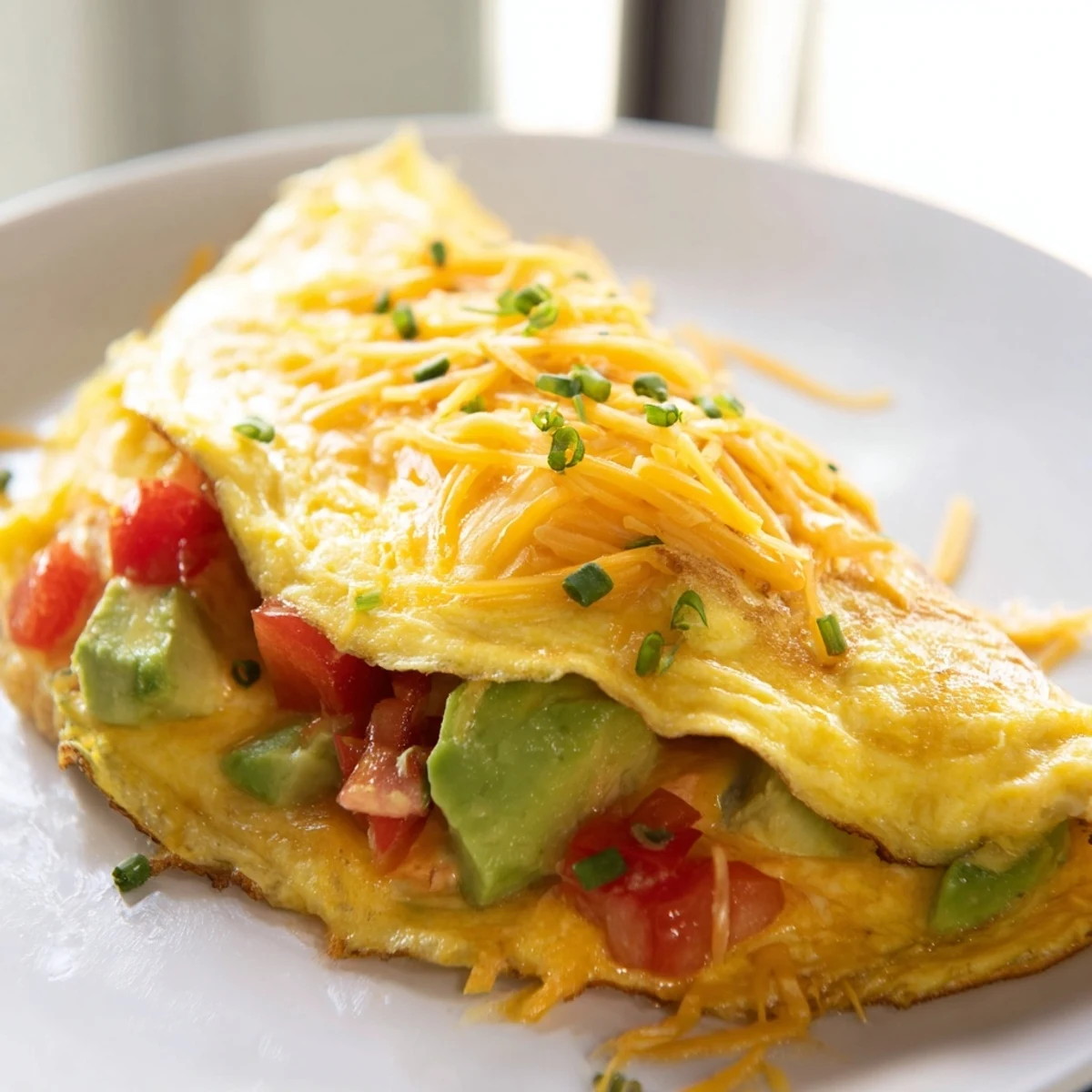 Steaming creamy avocado cheesy tomato omelette with juicy diced tomatoes and gooey melted cheese served for breakfast