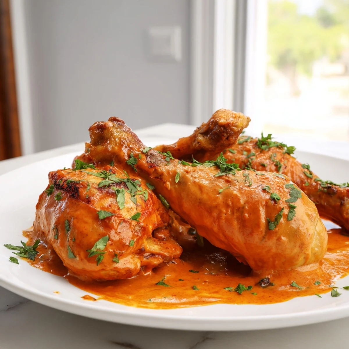 Golden creamy paprika chicken drumsticks in a velvety red sauce with fresh parsley garnish