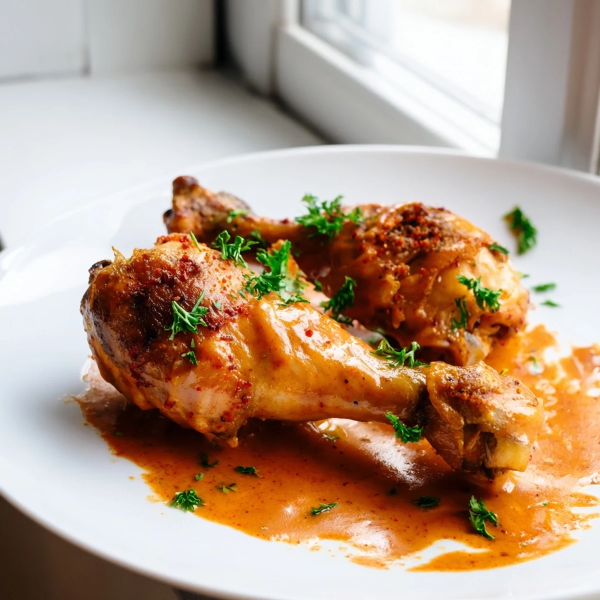 Tender chicken drumsticks nestled in a rich creamy paprika sauce served over buttery mashed potatoes