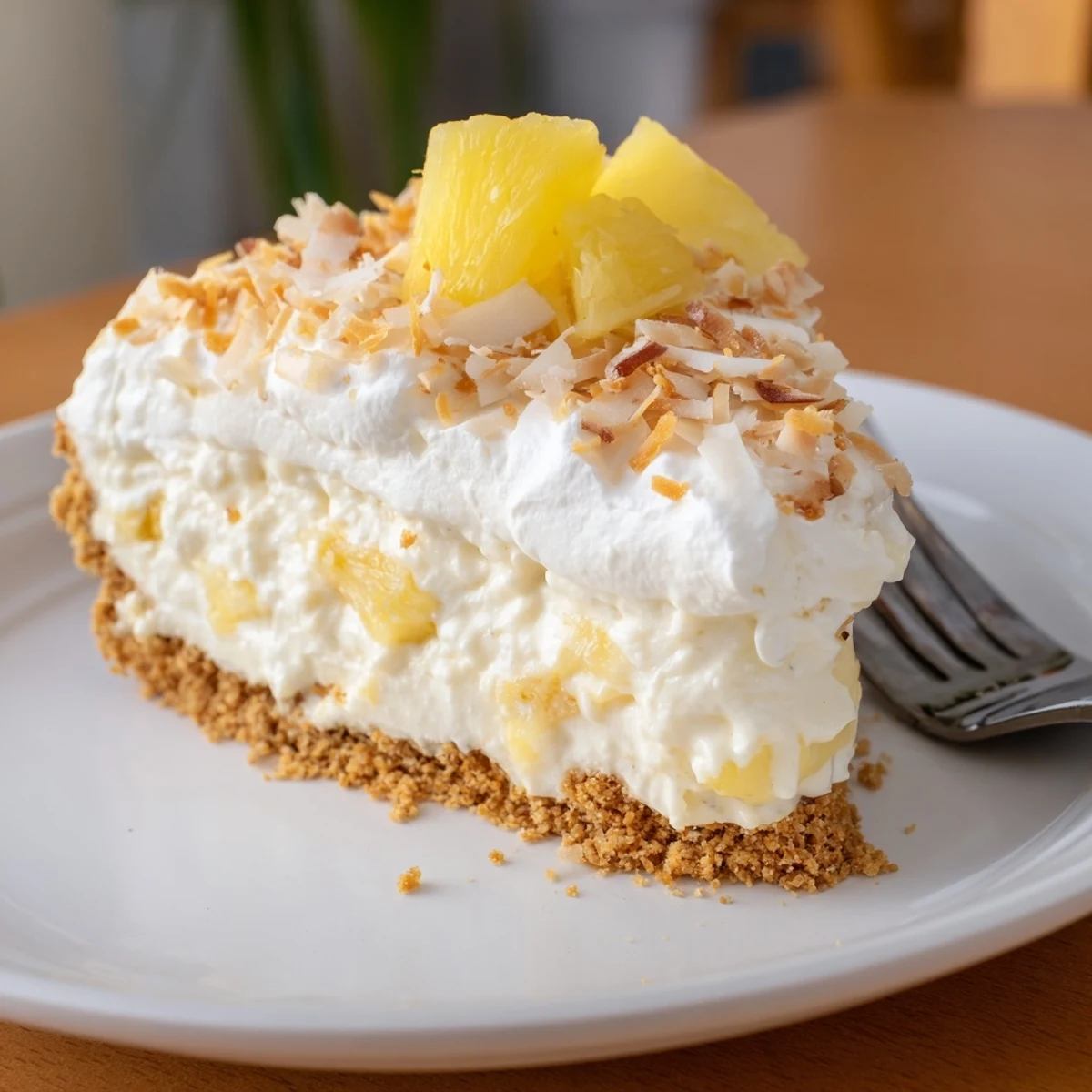Creamy no bake pineapple coconut cream cake sliced on a white dessert plate with toasted coconut topping