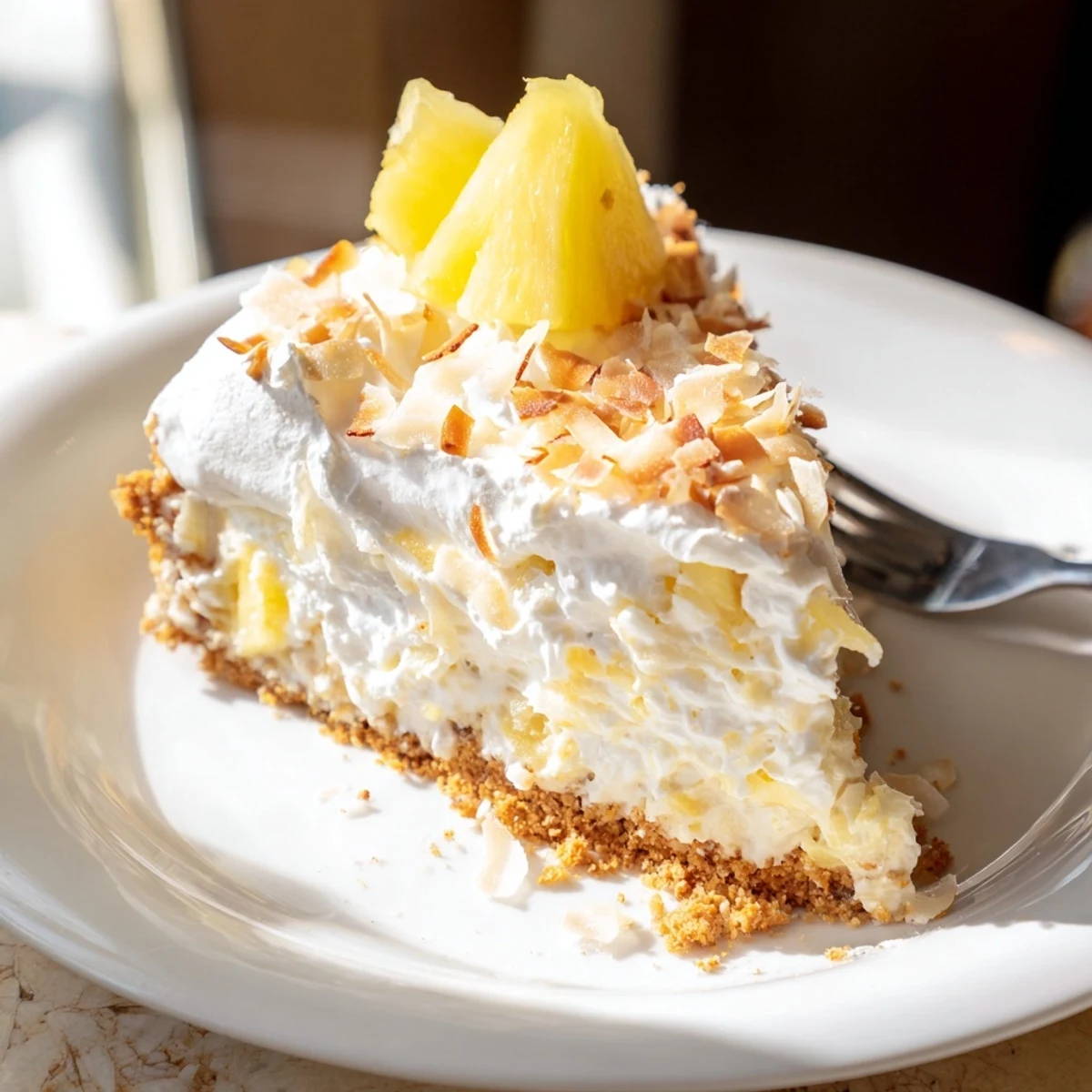 Fluffy no bake pineapple coconut cream cake in a springform pan showing layers of buttery graham crust
