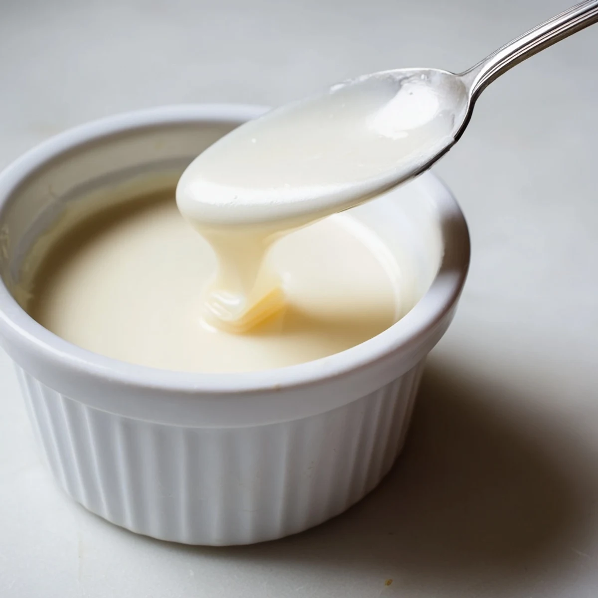 Thick golden condensed coconut milk drizzling off a wooden spoon in close-up