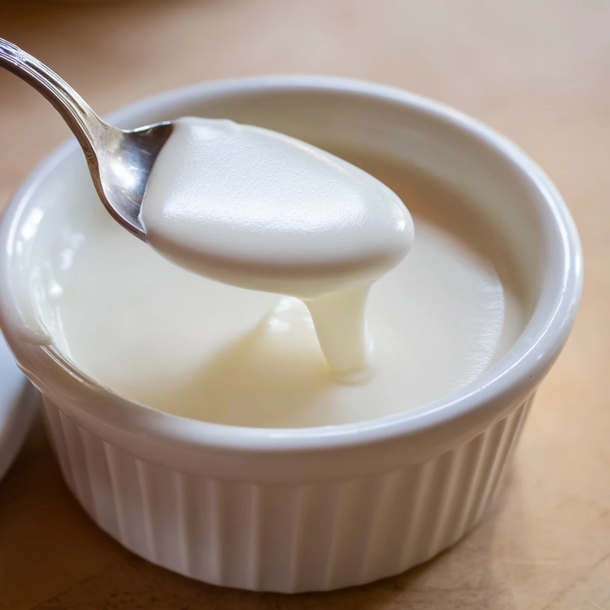 Creamy condensed coconut milk pooling in a white ceramic saucepan on screen