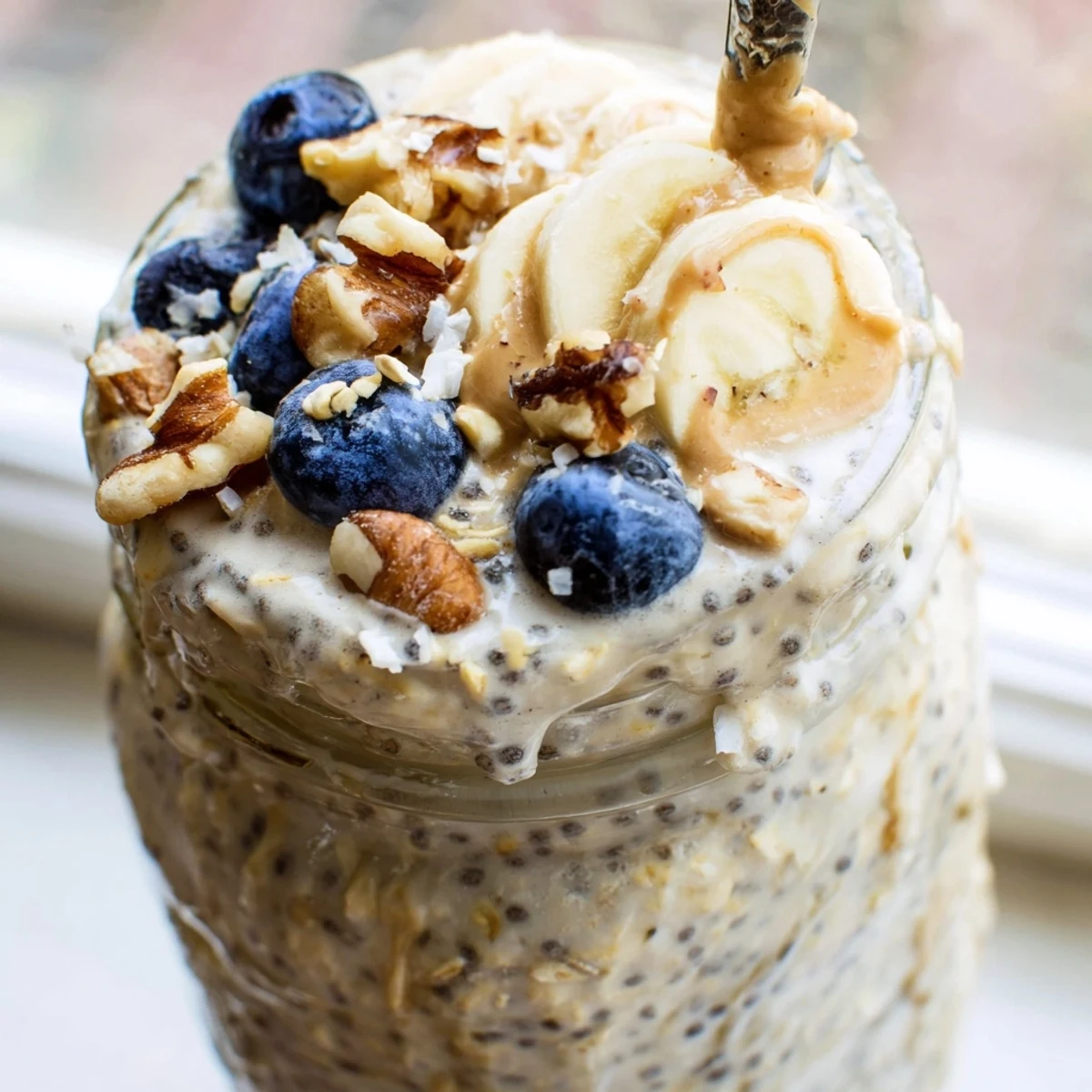 Creamy protein overnight oats topped with fresh berries in a glass jar